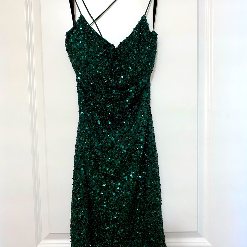 Dark Green Sequin Formal Dress, Size 2. Worn once. Comes with dress bag.